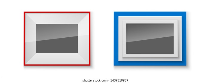 Realistic Rectangular red green blue yellow Colors Blank Picture Frame A3, A4 sizes, hanging on a White Wall from the Front. illustration Empty Frame with Shiny Glass. Design Template for Mock Up Set
