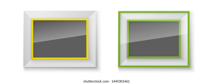 Realistic Rectangular red green blue yellow Colors Blank Picture Frame A3, A4 sizes, hanging on a White Wall from the Front. illustration Empty Frame with Shiny Glass. Design Template for Mock Up Set