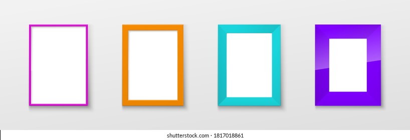 Realistic Rectangular red green blue yellow Colors Blank Picture Frame A3, A4 sizes, hanging on a White Wall from the Front. illustration Empty Frame with Shiny Glass. Design Template for Mock Up Set