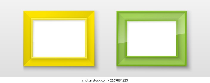 Realistic Rectangular red green blue yellow Colors Blank Picture Frame A3, A4 sizes, hanging on a White Wall from the Front. illustration Empty Frame with Shiny Glass. Design Template for Mock Up Set