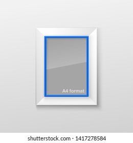Realistic Rectangular Square Bright Blue Color Blank Picture Frame A3, A4 sizes, hanging on a White Wall from the Front. Vector illustration Empty Frame with Shiny Glass. Design Template for Mock Up.