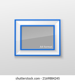 Realistic Rectangular Square Bright Blue Color Blank Picture Frame A3, A4 sizes, hanging on a White Wall from the Front. Vector illustration Empty Frame with Shiny Glass. Design Template for Mock Up.
