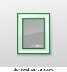 Realistic Rectangular Square Bright Green Color Blank Picture Frame A3, A4 sizes, hanging on a White Wall from the Front. Vector illustration Empty Frame with Shiny Glass. Design Template for Mock Up.