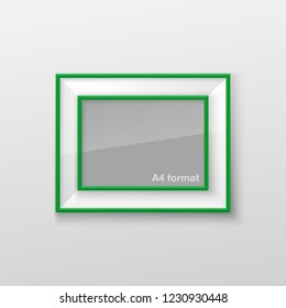 Realistic Rectangular Square Bright Green Color Blank Picture Frame A3, A4 sizes, hanging on a White Wall from the Front. Vector illustration Empty Frame with Shiny Glass. Design Template for Mock Up.