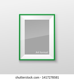 Realistic Rectangular Square Bright Green Color Blank Picture Frame A3, A4 sizes, hanging on a White Wall from the Front. Vector illustration Empty Frame with Shiny Glass. Design Template for Mock Up.