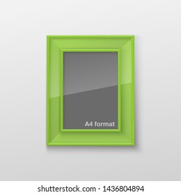 Realistic Rectangular Square Bright Green Color Blank Picture Frame A3, A4 sizes, hanging on a White Wall from the Front. Vector illustration Empty Frame with Shiny Glass. Design Template for Mock Up.