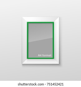 Realistic Rectangular Square Bright Green Color Blank Picture Frame A3, A4 sizes, hanging on a White Wall from the Front. Vector illustration Empty Frame with Shiny Glass. Design Template for Mock Up.