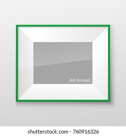 Realistic Rectangular Square Bright Green Color Blank Picture Frame A3, A4 sizes, hanging on a White Wall from the Front. Vector illustration Empty Frame with Shiny Glass. Design Template for Mock Up.