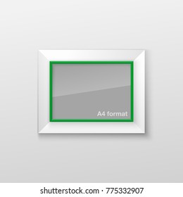 Realistic Rectangular Square Bright Green Color Blank Picture Frame A3, A4 sizes, hanging on a White Wall from the Front. Vector illustration Empty Frame with Shiny Glass. Design Template for Mock Up.