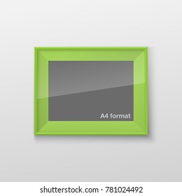 Realistic Rectangular Square Bright Green Color Blank Picture Frame A3, A4 sizes, hanging on a White Wall from the Front. Vector illustration Empty Frame with Shiny Glass. Design Template for Mock Up.