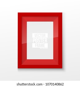 Realistic Rectangular Square Bright Red Color Blank Picture Frame A3, A4 sizes, hanging on a White Wall from the Front. Vector illustration Empty Frame with Shiny Glass. Design Template for Mock Up.