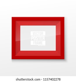 Realistic Rectangular Square Bright Red Color Blank Picture Frame A3, A4 sizes, hanging on a White Wall from the Front. Vector illustration Empty Frame with Shiny Glass. Design Template for Mock Up.