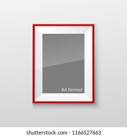 Realistic Rectangular Square Bright Red Color Blank Picture Frame A3, A4 sizes, hanging on a White Wall from the Front. Vector illustration Empty Frame with Shiny Glass. Design Template for Mock Up.