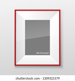 Realistic Rectangular Square Bright Red Color Blank Picture Frame A3, A4 sizes, hanging on a White Wall from the Front. Vector illustration Empty Frame with Shiny Glass. Design Template for Mock Up.