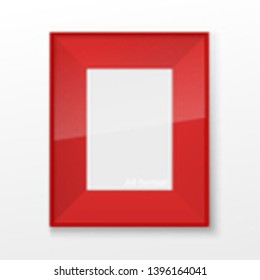 Realistic Rectangular Square Bright Red Color Blank Picture Frame A3, A4 sizes, hanging on a White Wall from the Front. Vector illustration Empty Frame with Shiny Glass. Design Template for Mock Up.