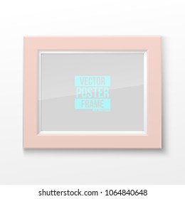 Realistic Rectangular Square Light Coral Color Blank Picture Frame A3, A4 sizes, hanging on a White Wall from the Front. Vector illustration Empty Frame with Shiny Glass. Design Template for Mock Up.