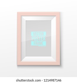 Realistic Rectangular Square Light Coral Color Blank Picture Frame A3, A4 sizes, hanging on a White Wall from the Front. Vector illustration Empty Frame with Shiny Glass. Design Template for Mock Up.