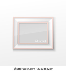 Realistic Rectangular Square Light Coral Color Blank Picture Frame A3, A4 sizes, hanging on a White Wall from the Front. Vector illustration Empty Frame with Shiny Glass. Design Template for Mock Up.
