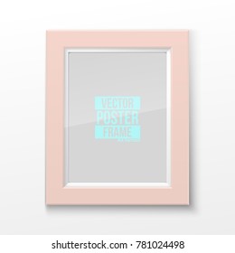 Realistic Rectangular Square Light Coral Color Blank Picture Frame A3, A4 sizes, hanging on a White Wall from the Front. Vector illustration Empty Frame with Shiny Glass. Design Template for Mock Up.