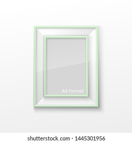 Realistic Rectangular Square Light Green Color Blank Picture Frame A3, A4 sizes, hanging on a White Wall from the Front. Vector illustration Empty Frame with Shiny Glass. Design Template for Mock Up