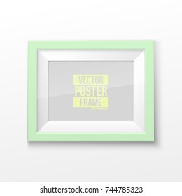 Realistic Rectangular Square Light Green Color Blank Picture Frame A3, A4 sizes, hanging on a White Wall from the Front. Vector illustration Empty Frame with Shiny Glass. Design Template for Mock Up