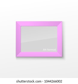 Realistic Rectangular Square Light Pink Color Blank Picture Frame A3, A4 sizes, hanging on a White Wall from the Front. Vector illustration Empty Frame with Shiny Glass. Design Template for Mock Up