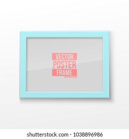 Realistic Rectangular Square Light Sky-blue Color Blank Picture Frame A3, A4 sizes, hanging on a White Wall from the Front. Vector illustration Empty Frame with Shiny Glass Design Template for Mock U