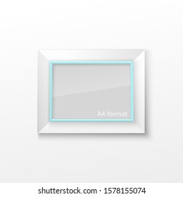 Realistic Rectangular Square Light Sky-blue Color Blank Picture Frame A3, A4 sizes, hanging on a White Wall from the Front. Vector illustration Empty Frame with Shiny Glass. Design Template Mock Up.