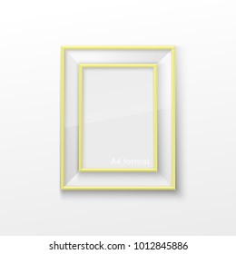 Realistic Rectangular Square Light Yellow Color Blank Picture Frame A3, A4 sizes, hanging on a White Wall from the Front. Vector illustration Empty Frame with Shiny Glass. Design Template for Mock Up.