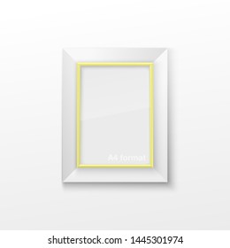 Realistic Rectangular Square Light Yellow Color Blank Picture Frame A3, A4 sizes, hanging on a White Wall from the Front. Vector illustration Empty Frame with Shiny Glass. Design Template for Mock Up.