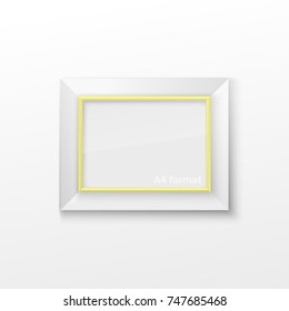 Realistic Rectangular Square Light Yellow Color Blank Picture Frame A3, A4 sizes, hanging on a White Wall from the Front. Vector illustration Empty Frame with Shiny Glass. Design Template for Mock Up.