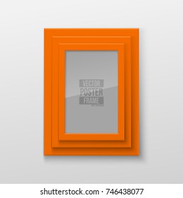 Realistic Rectangular Square Orange Color Blank Picture Frame A3, A4 sizes, hanging on a White Wall from the Front. Vector illustration Empty Frame with Shiny Glass. Design Template for Mock Up.