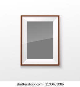 Realistic Rectangular Square wood Brown Color Blank Picture Frame A3, A4 sizes, hanging on a White Wall from the Front. illustration Empty wood Frame with Shiny Glass. Design Template for Mock Up.