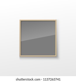 Realistic Rectangular Square wood Brown Color Blank Picture Frame A3, A4 sizes, hanging on a White Wall from the Front. illustration Empty wood Frame with Shiny Glass. Design Template for Mock Up.