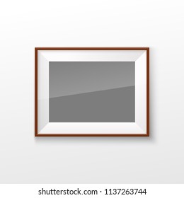 Realistic Rectangular Square wood Brown Color Blank Picture Frame A3, A4 sizes, hanging on a White Wall from the Front. illustration Empty wood Frame with Shiny Glass. Design Template for Mock Up.