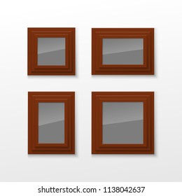 Realistic Rectangular Square wood Brown Color Blank Picture Frame A3, A4 sizes, hanging on a White Wall from the Front. illustration Empty wood Frame with Shiny Glass. Design Template for Mock Up.