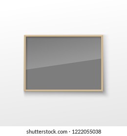 Realistic Rectangular Square wood Brown Color Blank Picture Frame A3, A4 sizes, hanging on a White Wall from the Front. illustration Empty wood Frame with Shiny Glass. Design Template for Mock Up.