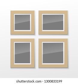 Realistic Rectangular Square wood Brown Color Blank Picture Frame A3, A4 sizes, hanging on a White Wall from the Front. illustration Empty wood Frame with Shiny Glass. Design Template for Mock Up.