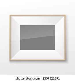 Realistic Rectangular Square wood Brown Color Blank Picture Frame A3, A4 sizes, hanging on a White Wall from the Front. illustration Empty wood Frame with Shiny Glass. Design Template for Mock Up.