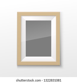 Realistic Rectangular Square wood Brown Color Blank Picture Frame A3, A4 sizes, hanging on a White Wall from the Front. illustration Empty wood Frame with Shiny Glass. Design Template for Mock Up.