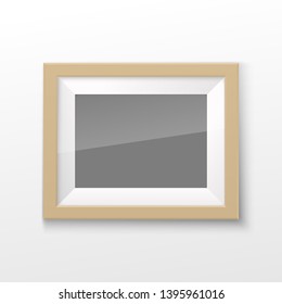 Realistic Rectangular Square wood Brown Color Blank Picture Frame A3, A4 sizes, hanging on a White Wall from the Front. illustration Empty wood Frame with Shiny Glass. Design Template for Mock Up.