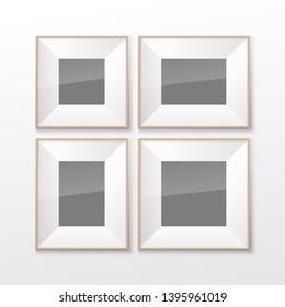 Realistic Rectangular Square wood Brown Color Blank Picture Frame A3, A4 sizes, hanging on a White Wall from the Front. illustration Empty wood Frame with Shiny Glass. Design Template for Mock Up.