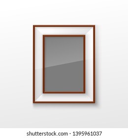 Realistic Rectangular Square wood Brown Color Blank Picture Frame A3, A4 sizes, hanging on a White Wall from the Front. illustration Empty wood Frame with Shiny Glass. Design Template for Mock Up.