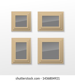 Realistic Rectangular Square wood Brown Color Blank Picture Frame A3, A4 sizes, hanging on a White Wall from the Front. illustration Empty wood Frame with Shiny Glass. Design Template for Mock Up.