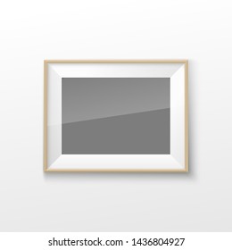 Realistic Rectangular Square wood Brown Color Blank Picture Frame A3, A4 sizes, hanging on a White Wall from the Front. illustration Empty wood Frame with Shiny Glass. Design Template for Mock Up.