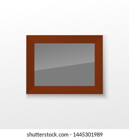 Realistic Rectangular Square wood Brown Color Blank Picture Frame A3, A4 sizes, hanging on a White Wall from the Front. illustration Empty wood Frame with Shiny Glass. Design Template for Mock Up.