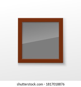 Realistic Rectangular Square wood Brown Color Blank Picture Frame A3, A4 sizes, hanging on a White Wall from the Front. illustration Empty wood Frame with Shiny Glass. Design Template for Mock Up.