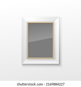 Realistic Rectangular Square wood Brown Color Blank Picture Frame A3, A4 sizes, hanging on a White Wall from the Front. illustration Empty wood Frame with Shiny Glass. Design Template for Mock Up.