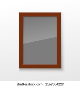 Realistic Rectangular Square wood Brown Color Blank Picture Frame A3, A4 sizes, hanging on a White Wall from the Front. illustration Empty wood Frame with Shiny Glass. Design Template for Mock Up.