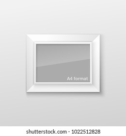 Realistic Rectangular White Blank Picture Frame hanging on a White Wall from the Front. Vector illustration Empty Frame with Shiny Glass. Design Template for Mock Up.